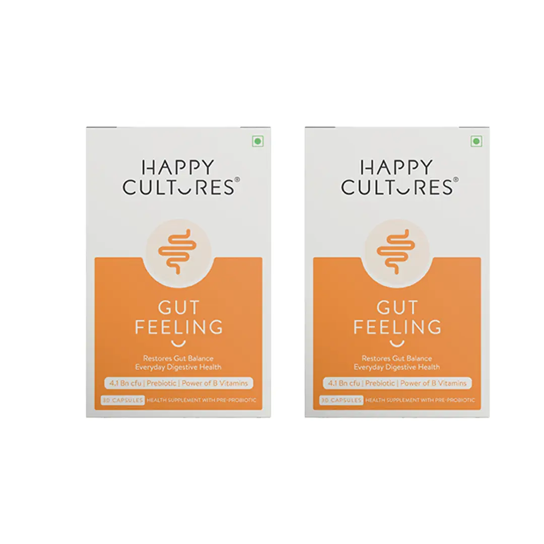 Happy Cultures Gut Feeling with Blend of Pre+Probiotics+B-Vitamins for Daily Gut and Digestive Health - Pack of 2 (60 Capsules)