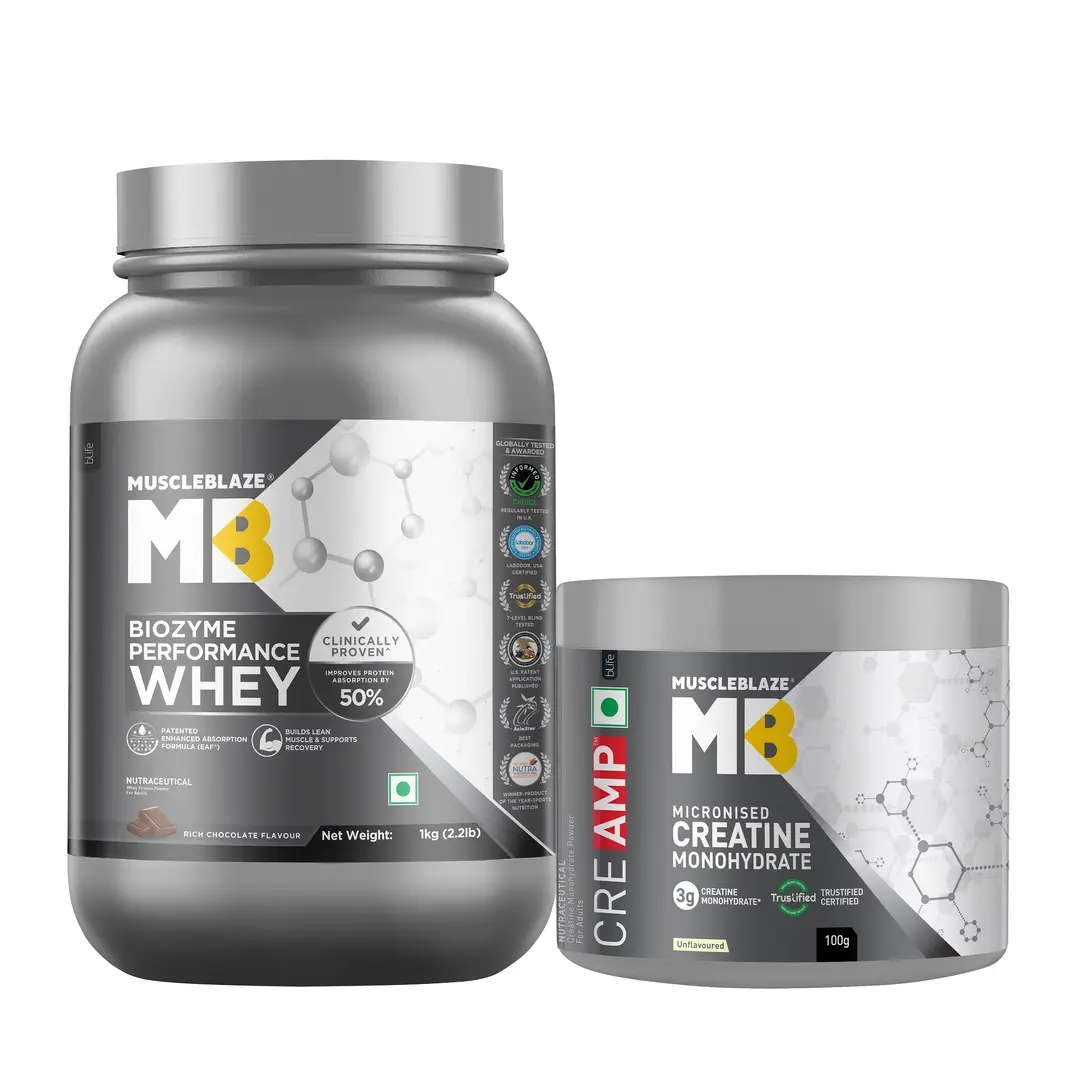 MuscleBlaze Biozyme Performance Whey Protein, (Rich Chocolate) and Creatine Monohydrate CreAMP™ with CreAbsorb™ (Unflavoured) - (Combo Pack)