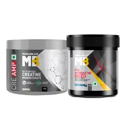 MuscleBlaze Pre Workout 200 Xtreme, Caffeine, Theanine, Beta Alanine, Citrulline (Berry Bolt, 100 g) & Creatine Monohydrate CreAMP™ with CreAbsorb™ (100 g, Unflavoured)