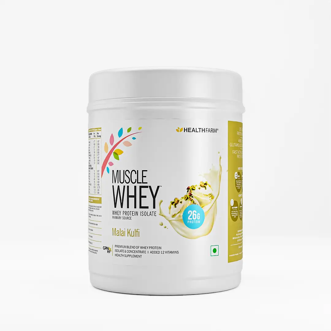 Healthfarm Muscle Whey Protein for Building Strength and Enabling Muscle Growth - Malai Kulfi,500 gm