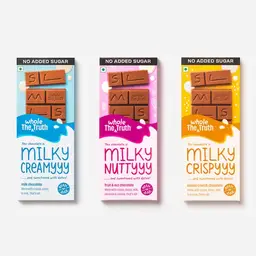 The Whole Truth - Pack of 6 Bars (2- Plain Milk Chocolate, 2 Quinoa Crunchy Milk Chocolate, 2 Fruit and Nuts Milk Chocolate) - No added sugar, No chococlate compound, Sweetened with dates icon