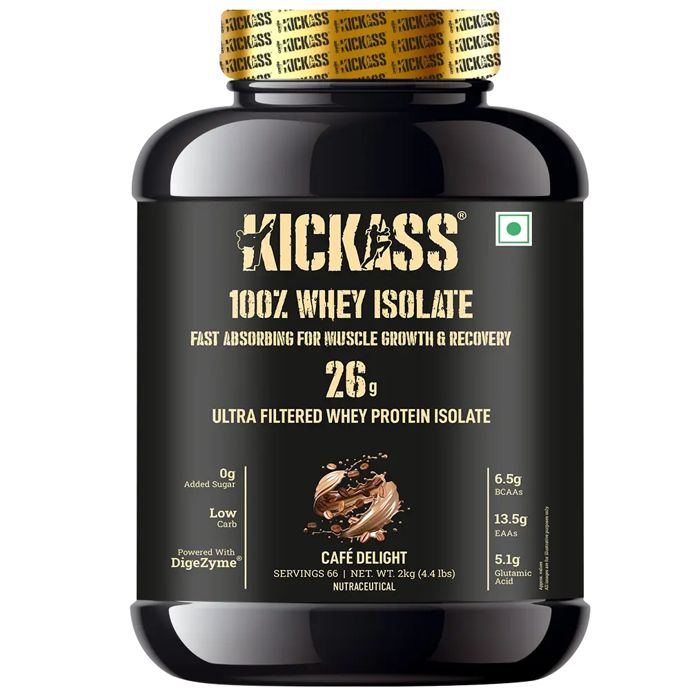 Kickass - 100% Whey Protein Isolate - with Digestive Enzyme- for Muscle Growth and Recovery - Cafe Delight(2000 gm)