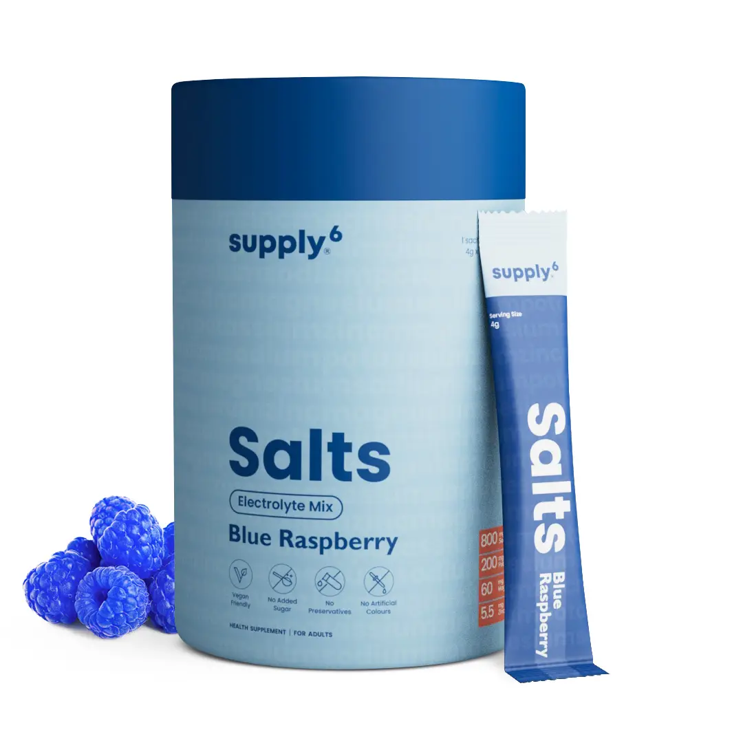 Supply6 Salts Electrolyte Mix with Sodium, Potassium, Magnesium, Zinc for Hydraation - Blue Raspberry,18 Servings