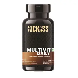 Kickass Multivit Daily: Multivitamin, 40 Essential Vitamin & Minerals, Probiotic Blend, Antioxidant Blend, Heart Health Blend, Herbal Extracts, One solution to our daily dietary needs icon