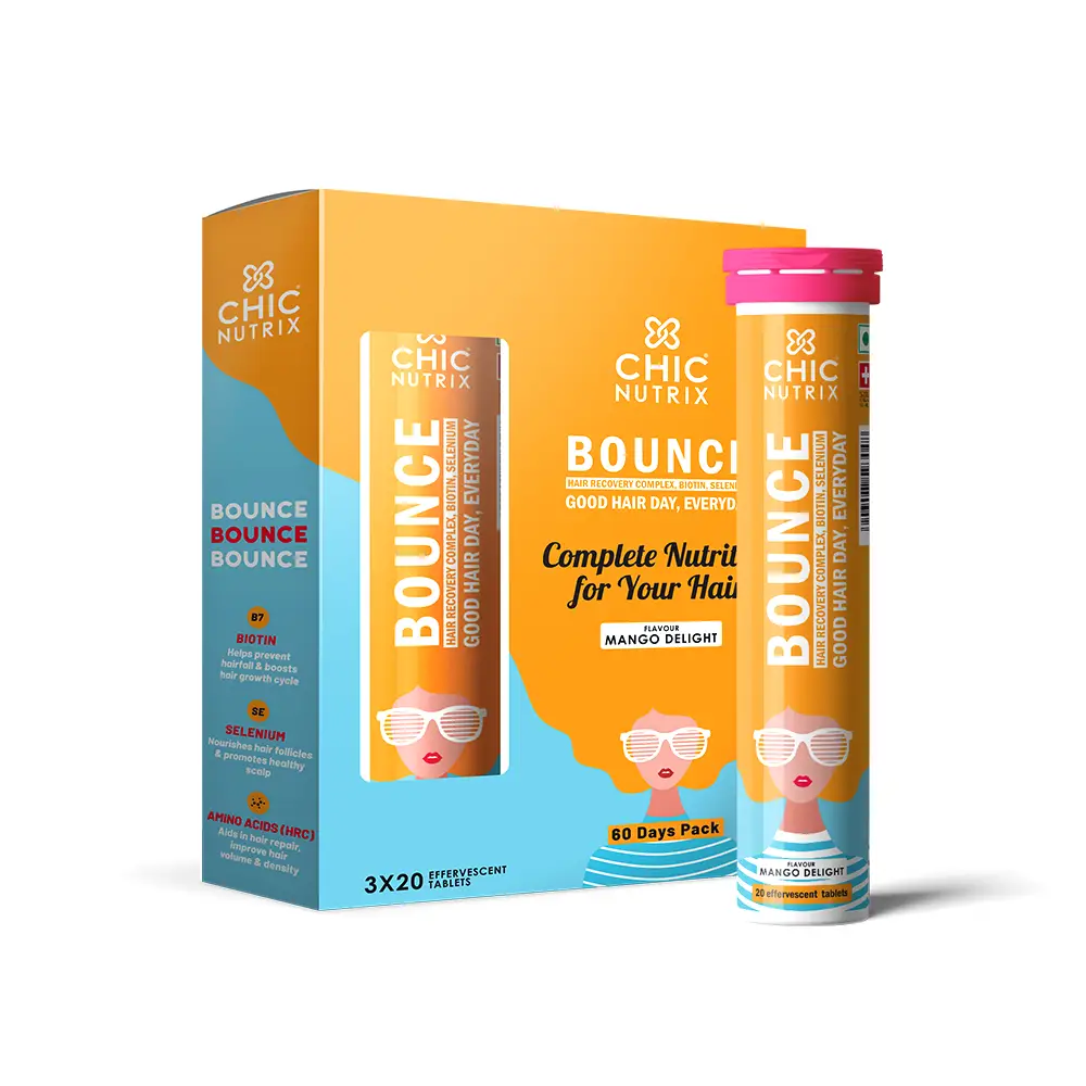 Chicnutrix Bounce Biotin with Selenium and Amino Acids for Hair Growth - Pack of 3 (60 Effervescent Tablets)