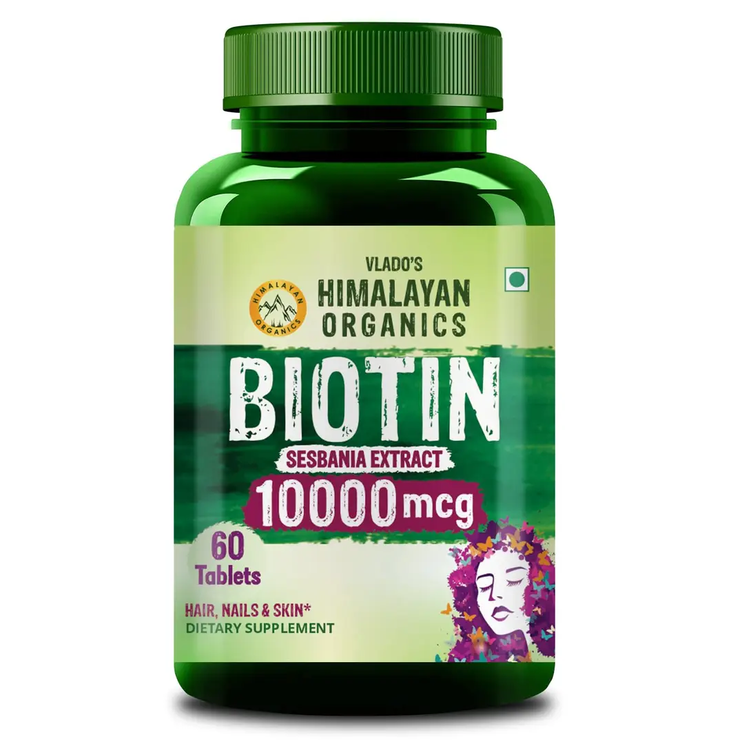 Vlado's Himalayan Organics Biotin 10000 MCG with Sesbania Grandiflora Extract Biotin for Hair Growth, Radiant Skin and Stronger Nails - Pack of 1 (60 Tablets)
