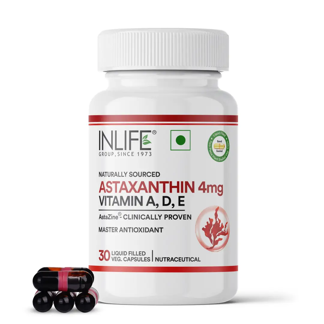 INLIFE Astaxanthin 4 mg Supplement AstaZine | Natural Antioxidant Supplement with Vitamin A, D3 & E – High Absorption Formula – 30 Liquid Filled Vegetarian Capsules - Pack of 1(30 Capsules)