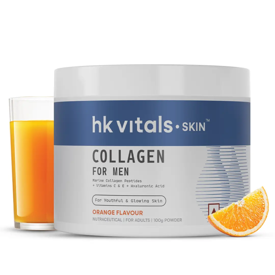 hk vitals Marine Collagen for Men Supplement | Orange | Vitamin C, E, Sodium Hyaluronate | For Youthful & Glowing Skin - Orange - 100 gm