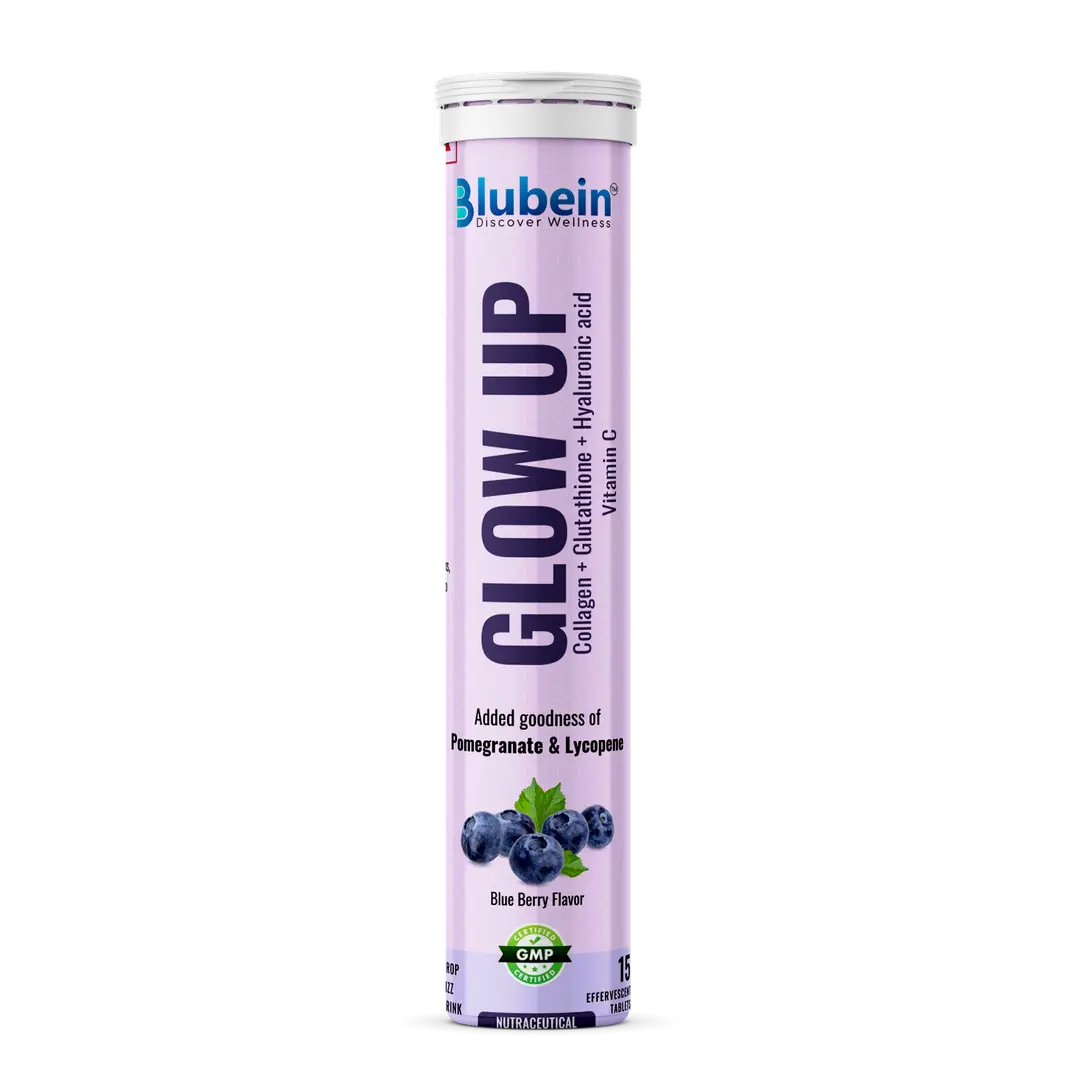 Blubein Glow Up - Radiant Skin Care Drink | 1000mg Marine Collagen with Glutathione & Vitamin C for Youthful Skin | Green Tea Extract – Blueberry Flavor for Men & Women - Pack of 1 (15 Effervescent Tablets)