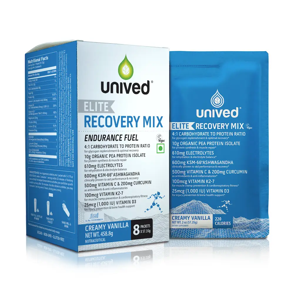 Unived Elite Recovery Mix for Restoring Muscle Glycogen Post Intense Exercise - Pack of 1 (8 Sachets) Creamy Vanilla