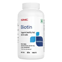 GNC Biotin 10000mcg Tablets | Reduces Hair Fall & Thinning | Promotes Hair Growth | Controls Frizz | Smoothens Hair Texture | Improves Skin & Nails | USA Formulated | 10000mcg Per Serving | 60 Tablets icon