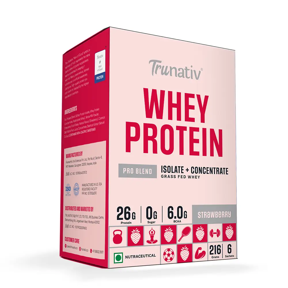 Trunativ Pro Blend Whey Protein with Grass-Fed Isolate & Concentrate for Muscle Recovery and Strength - Strawberry,6 Sachets