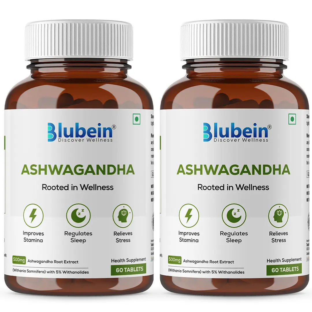Blubein - Ashwagandha - With Ashwagandha extract, Withanolides For Stress relief, Enhances wellness - Pack of 2 (120 Tablets)