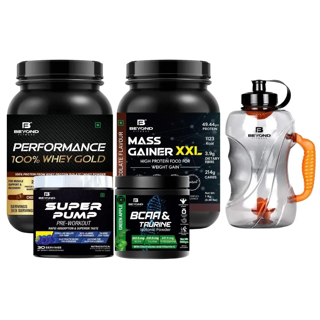 Beyond Fitness PUMP IT UP Gold Combo (100% Whey Gold Protein, Mass Gainer XXL, Pre workout and BCAA) Combo - Whey Protein (2.2lb), Mass Gainer XXL (2.2lb), Preworkout(500gm), BCAA(500gm) with 1.5 ltr Shaker