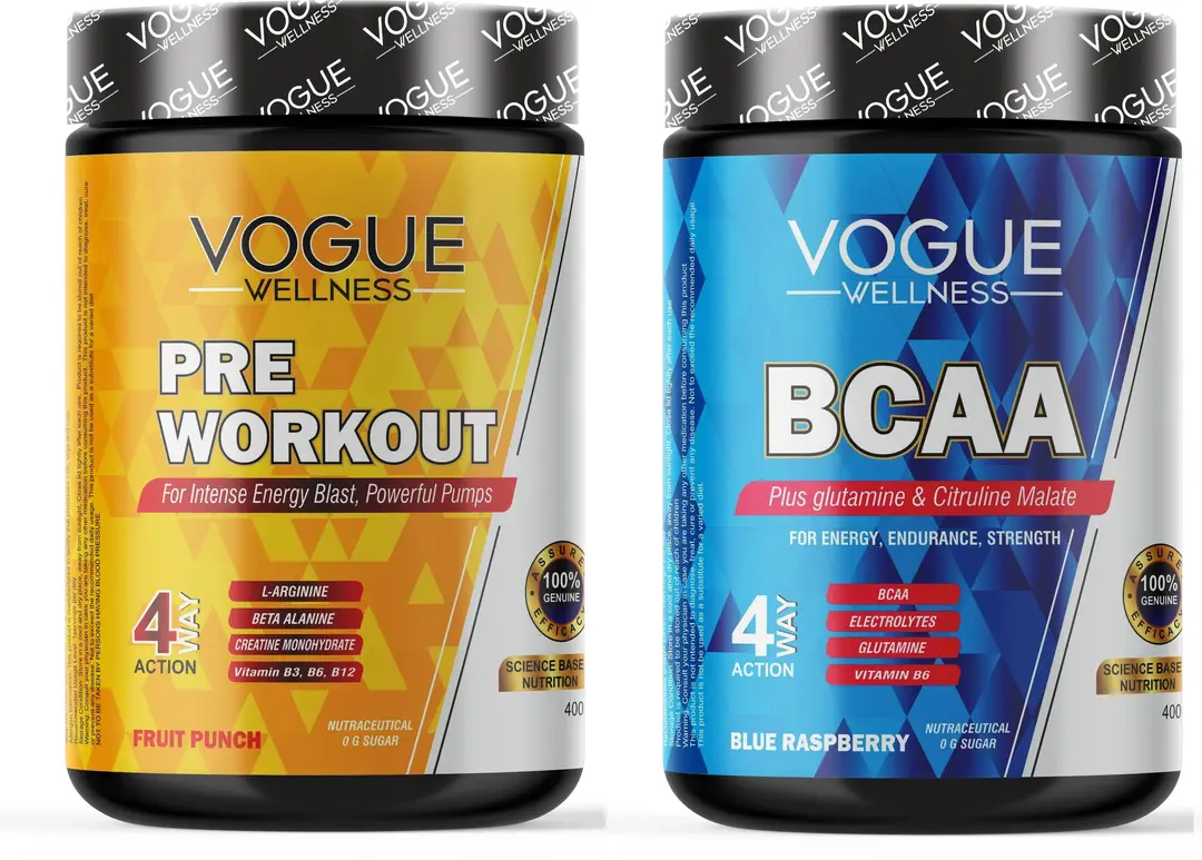 Vogue Wellness BCAA & Pre-workout Supplement for Strength and Endurance (Combo) - Fruit Punch and Blue Raspberry(800 gm)