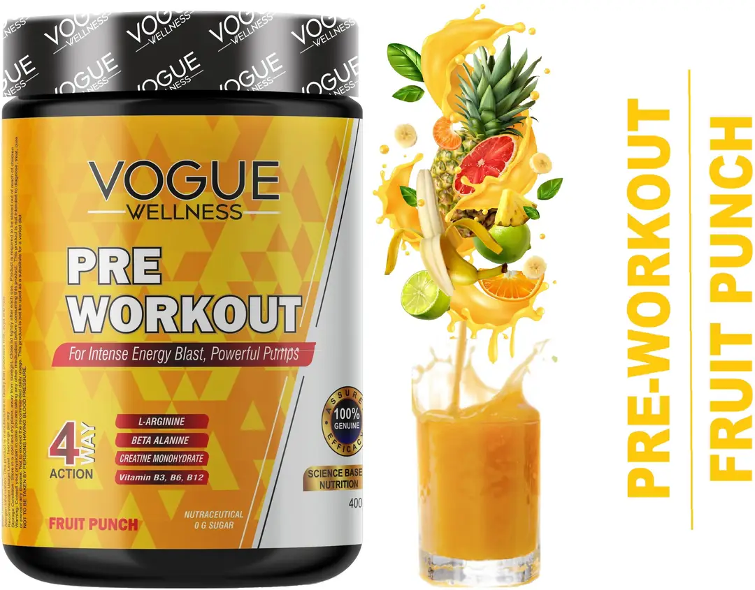 Vogue Wellness Advanced PRE Workout Supplement Powder for Muscle Pump and Endurance - Fruit Punch ,400 gm