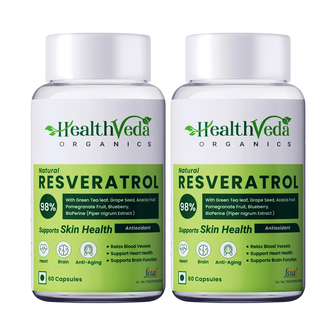 Health Veda Organics Resveratrol 250mg with Grape Seed, Green Tea, Pomegranate & Blueberry Extracts for Enhanced Absorption and Antioxidant Support - Pack of 2 (120 Capsules)