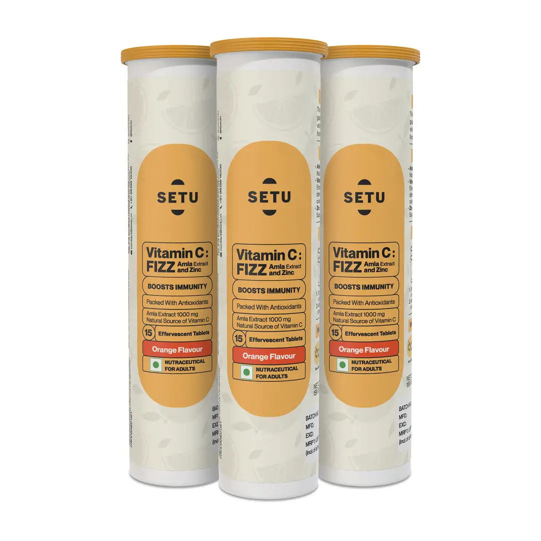 Setu - Vitamin C - Fizz, Amla Extract and Zinc - Boosts body’s defenses against pathogens & infections - Orange,45 Effervescent Tablets