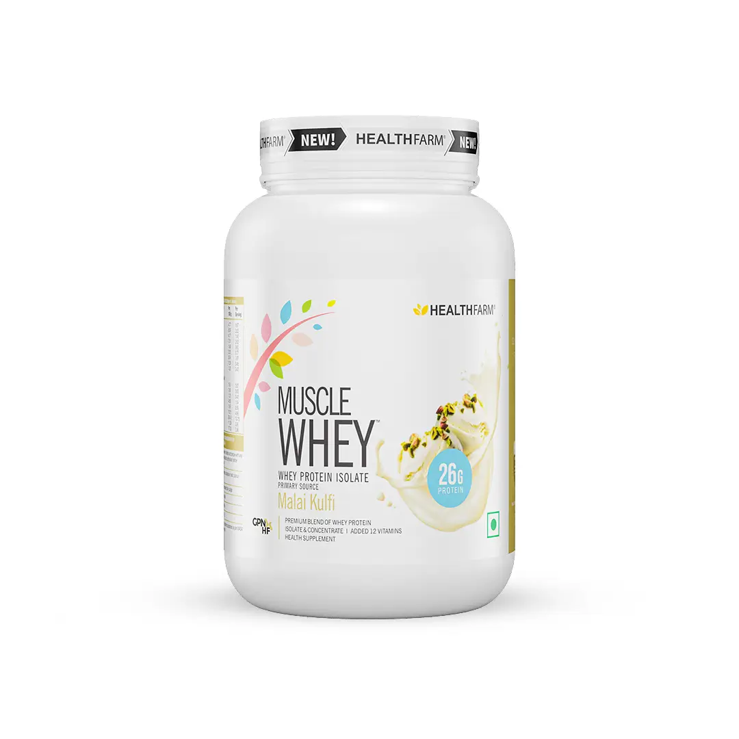 Healthfarm Muscle Whey Protein for Building Strength and Enabling Muscle Growth - Malai Kulfi,907 gm