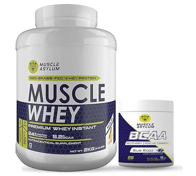 Muscle Asylum Muscle Whey 100% Whey Protein 2 Kg & BCAA 150gm (Combo Pack) - Kulfi & Blue Razz