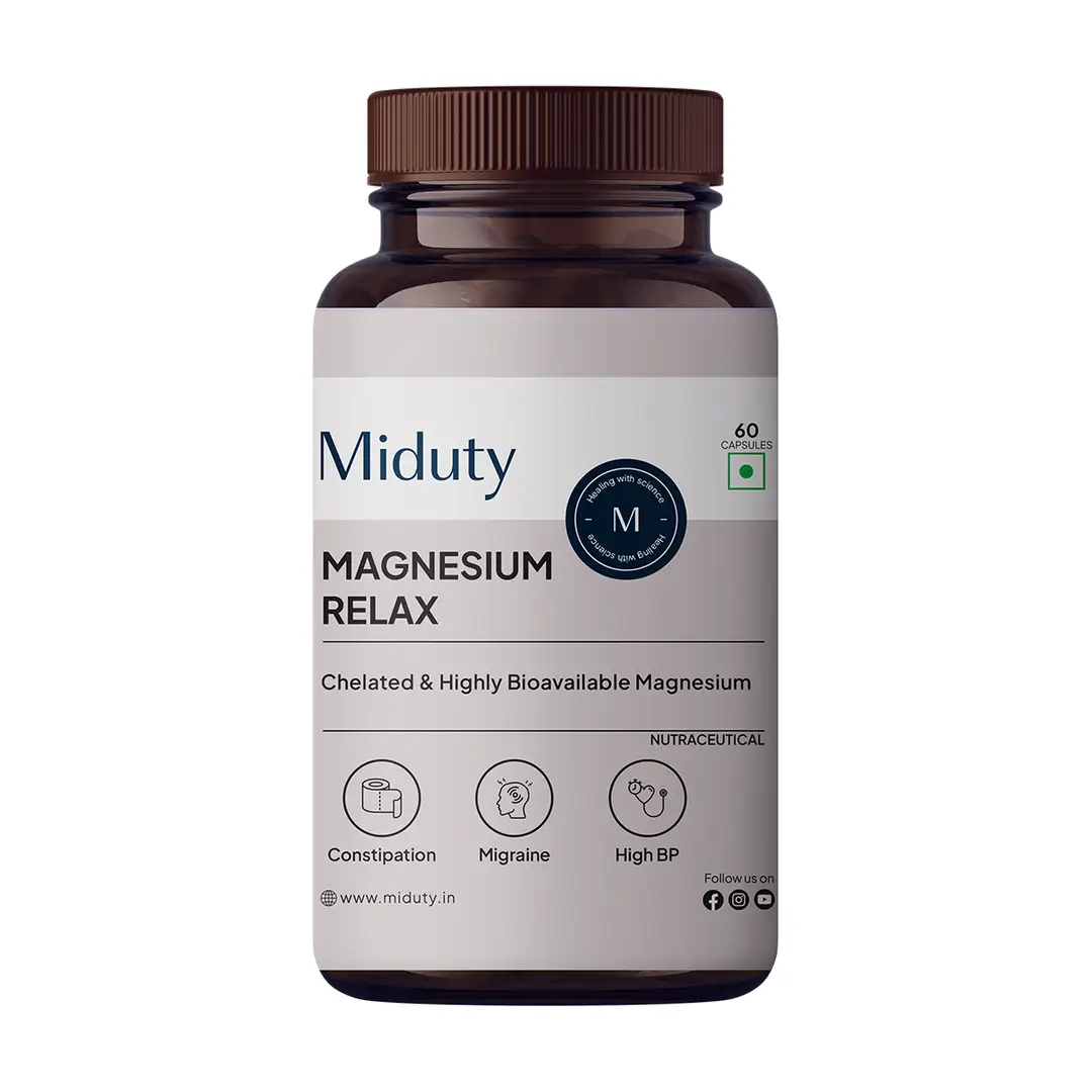 Miduty Magnesium Relax with Magnesium Bisglycinate for Constipation, Migrane and High BP - Pack of 1 (60 Capsules)