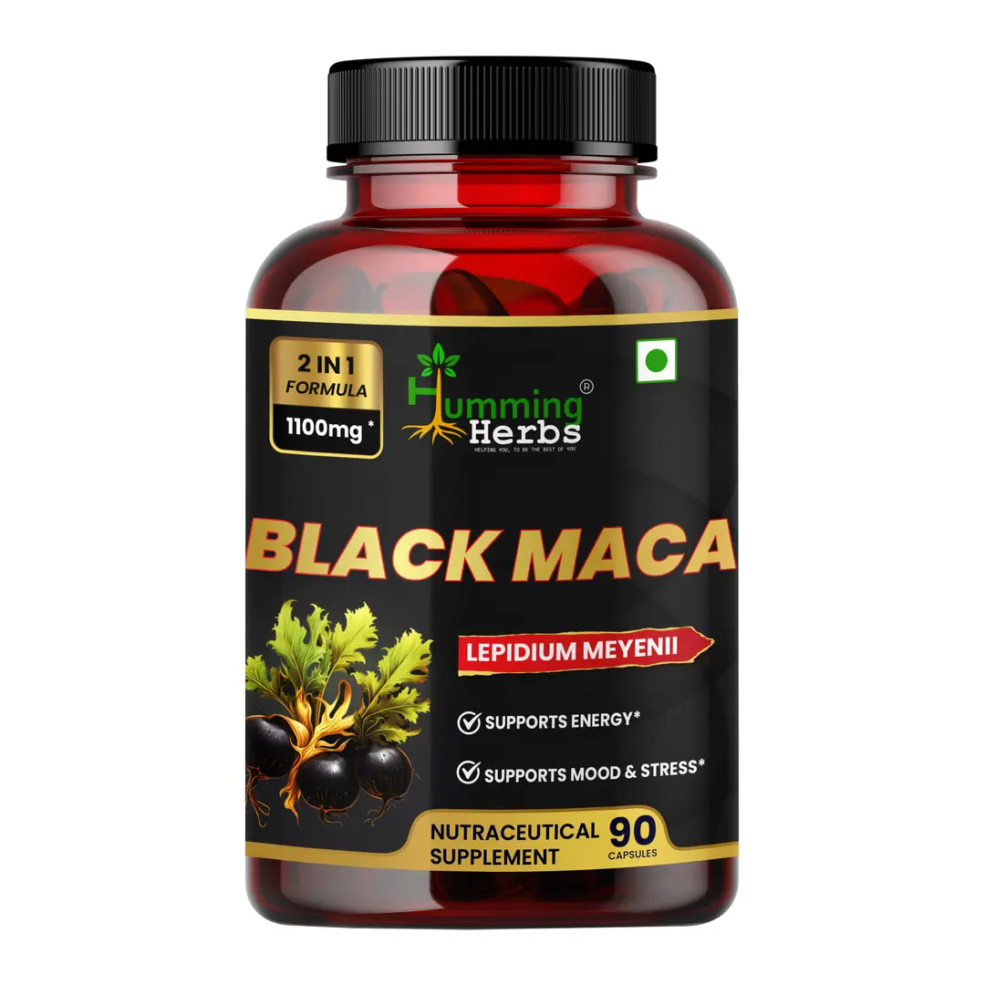 Humming Herbs Black Maca Formula with L-Arginine for Energy, Stress Support, and Mood Balance - Pack of 1 (90 Capsules)