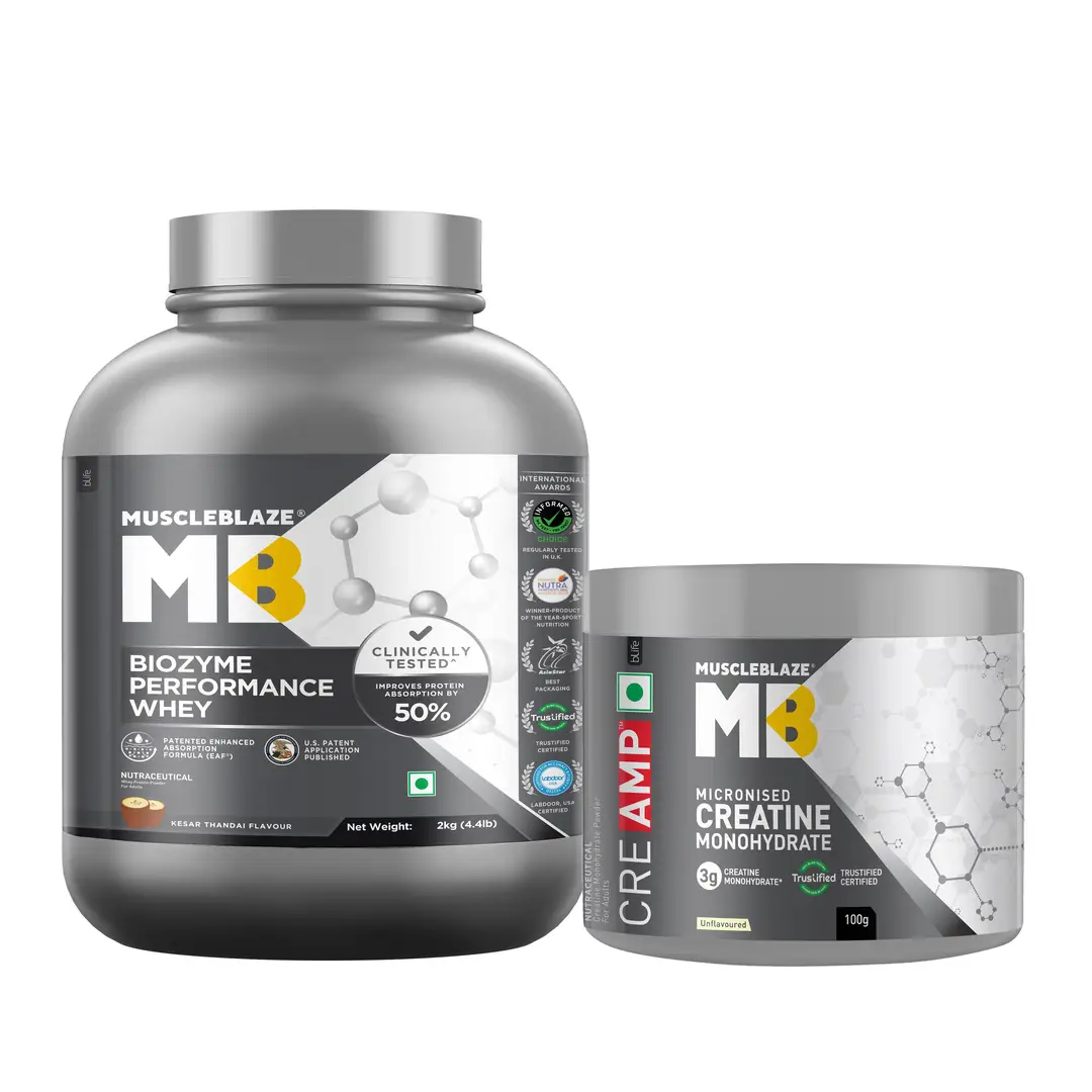 MuscleBlaze Biozyme Performance Whey Protein (Kesar Thandai,4.4lb) and Creatine Monohydrate CreAMP™ (100g, Unflavoured) - Combo