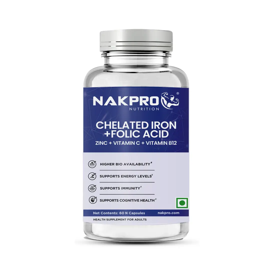 Nakpro Chelated Iron Folic Acid Supplement with Vitamin C, Zinc & Vitamin B12 for Cognitive Health - Pack of 1 (60 Tablets)