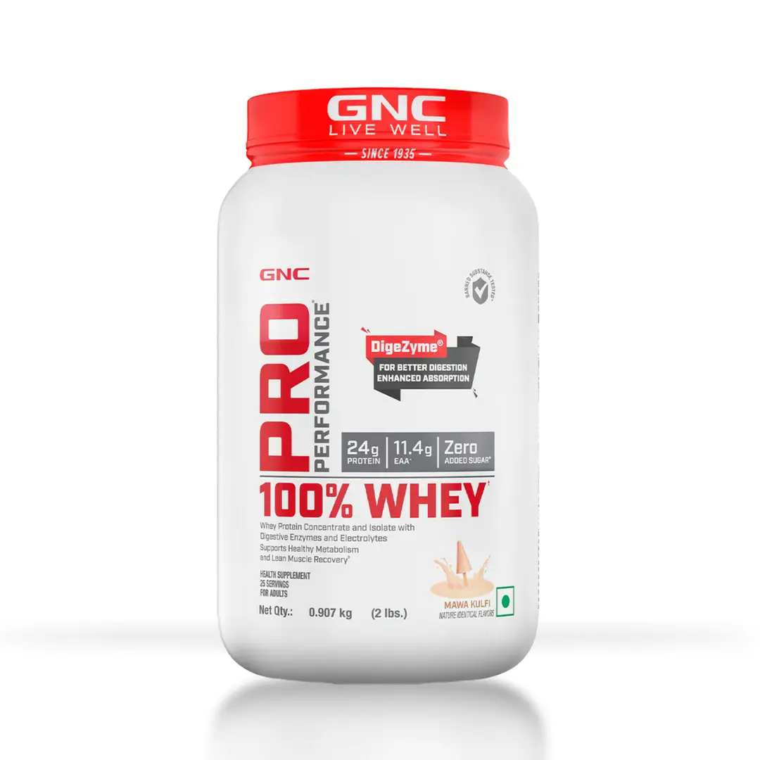 GNC Pro Performance 100% Whey Protein Powder Formulated In USA with 24g Protein, 5.5g BCAA for Strength, Endurance, Builds Lean Muscles and Fastens Muscle Recovery - Mawa Kulfi,2 lb