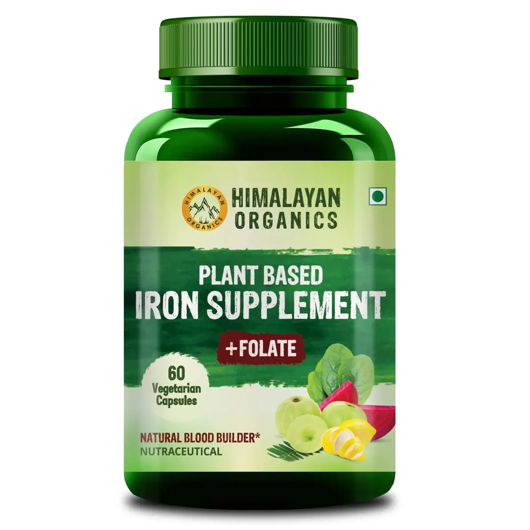 Vlado's Himalayan Organics Plant Based Iron Supplement with Folate for Improved Hemoglobin and Oxygen Capacity - Pack of 1 (60 Capsules)