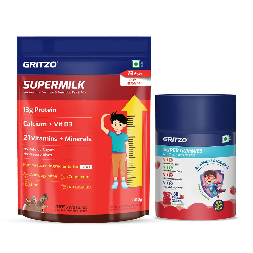 Gritzo SuperMilk Height+, 13+y Boys (Double Chocolate, 1kg) and Super Gummies (Strawberry, 30 Gummies)