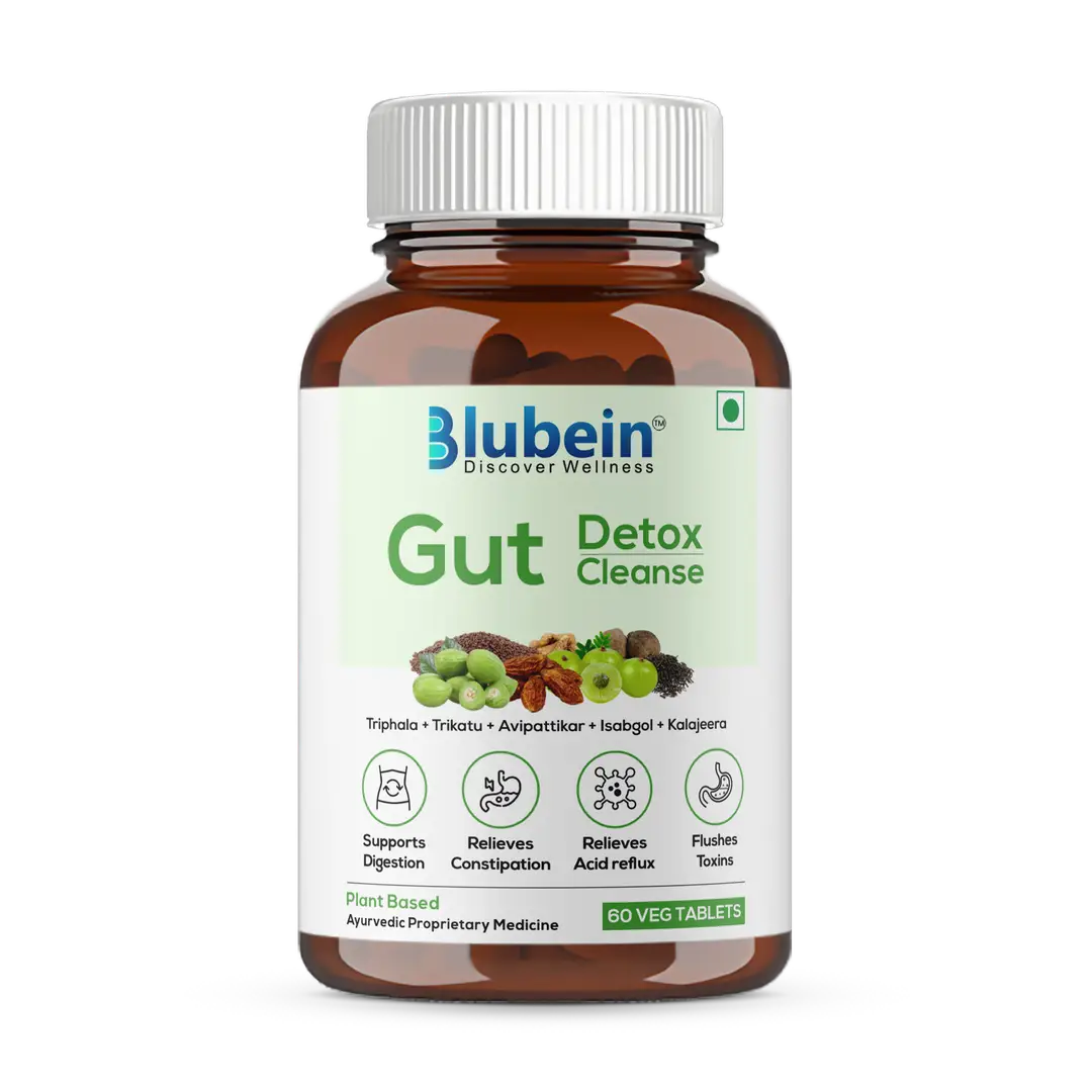 Blubein Gut Detox with Ayurvedic Herbs for Acidity, Constipation and Digestion - Pack of 1 (60 Tablets)