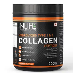 INLIFE - Hydrolyzed Collagen Peptides Powder Supplements Type 1 and 3, Biotin, Vitamin C, Hyaluronic Acid, Glucosamine, Skin Health for Men & Women - 200g (Orange Flavour) icon