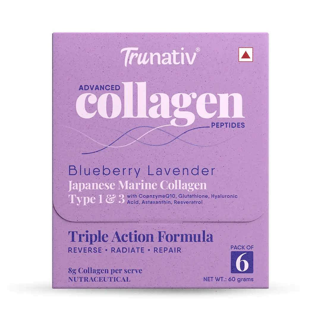 Trunativ Advanced Collagen with Japanese Marine Collagen Type 1 and 3, Vitamin C, Vitamin E, Hyaluronic Acid, Biotin, and Glutathione for Supporting Skin Glow, Hair Growth, and Nail Strength - Blueberry Lavender,6 Sachets