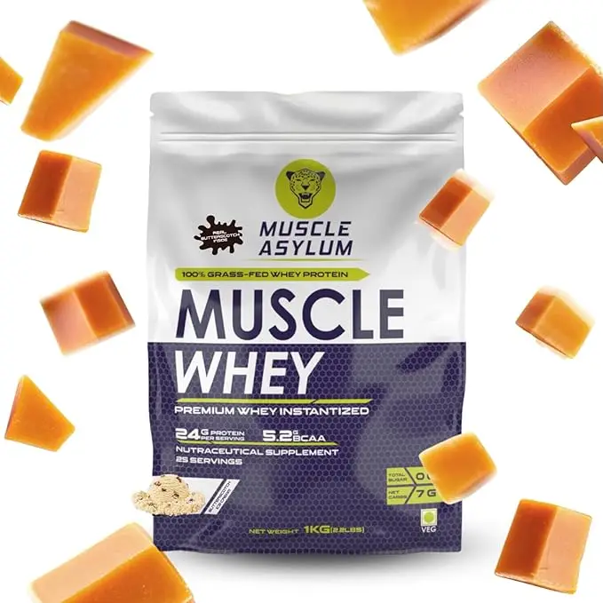 Muscle Asylum Premium Whey Protein for Muscle Building and Recovery - Butterscotch Ice Cream Real Caramel Chunks Inside,1 Kg