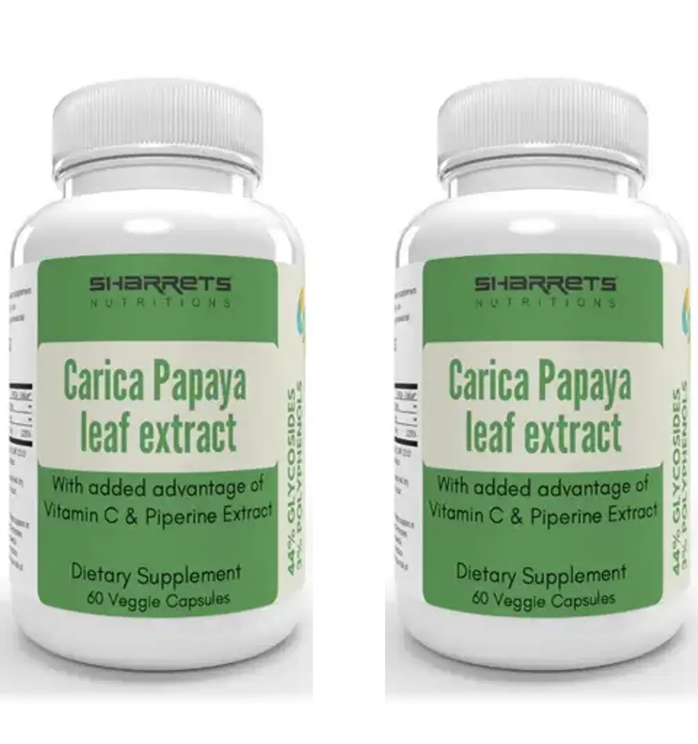 Sharrets Carica Papaya Leaf Extract with Vitamin C and Piperine for Platelet Count and Immunity - Pack of 2 (120 Capsules)
