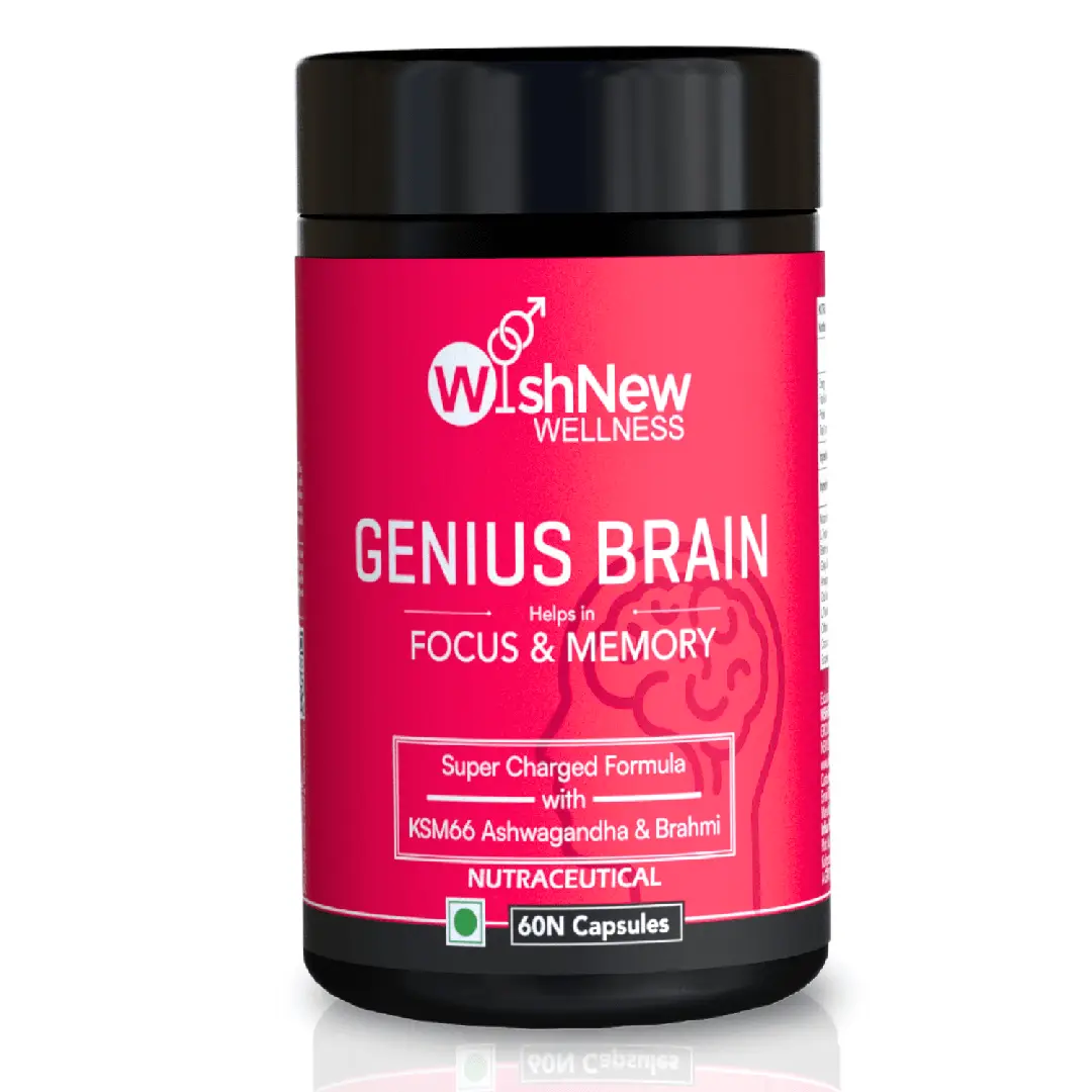 Wishnew Wellness Genius Brain with Brahmi,Gingko Bilboa for Supporting Focus and Memory - Pack of 1(60 Capsules)