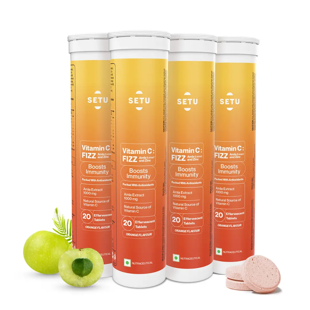 Setu - Vitamin C - Fizz, Amla Extract and Zinc - Boosts body’s defenses against pathogens & infections - Orange,80 Effervescent Tablets