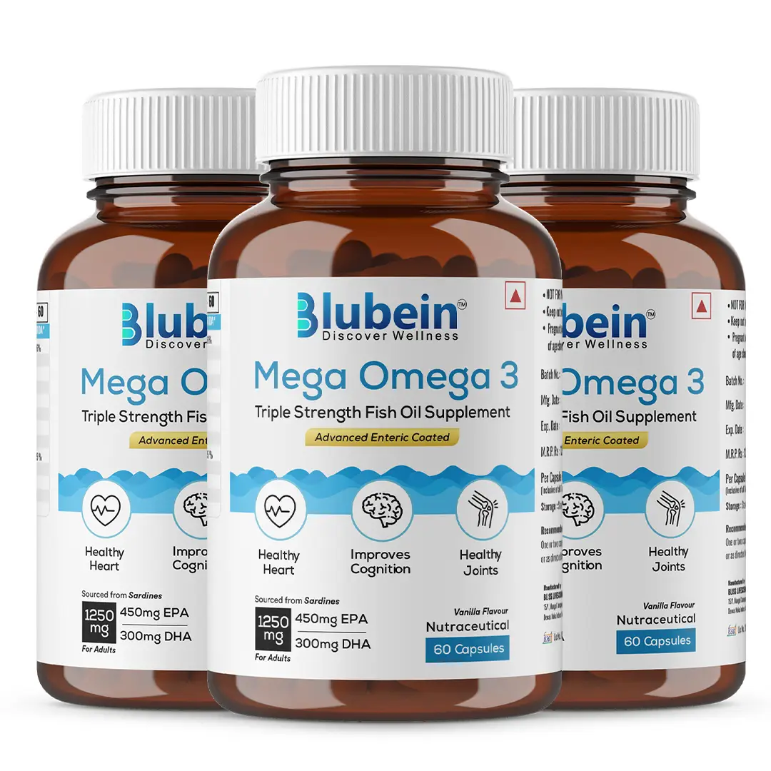 Blubein Mega Omega 3 with Micro Filtered Fish Oil extracted from Sardine for Joints, Heart and Brain Health - Pack of 3 (180 Capsules)