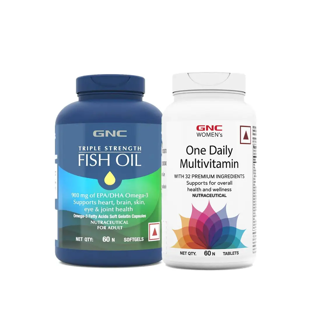 DSC - GNC - Triple Strength Fish Oil Omega 3 (60 Capsules) & Women's One Daily Multivitamin for Women - Combo Pack (Fish Oil & Multivitamin for Women)