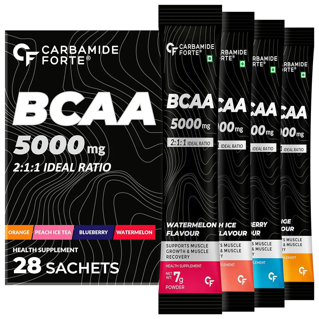Carbamide Forte BCAA Powder 5000mg 28 Sachet|BCAA Supplements For Unisex Muscle Growth|BCAA Pre Workout & Intra Workout For Muscle Recovery|7g Serving with Ideal 2:1:1 Ratio - Assorted (28 Sachets)