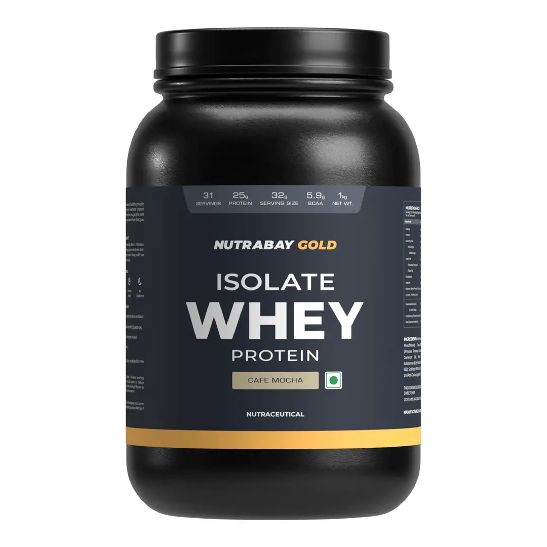 Nutrabay Gold 100% Whey Protein Isolate with Digestive Enzymes for Strength and Muscle Recovery - Cafe Mocha (2.2 lb)