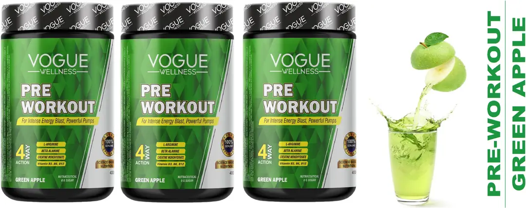 Vogue Wellness Advanced PRE Workout Supplement Powder for Muscle Pump and Endurance - Green Apple ,1200 gm