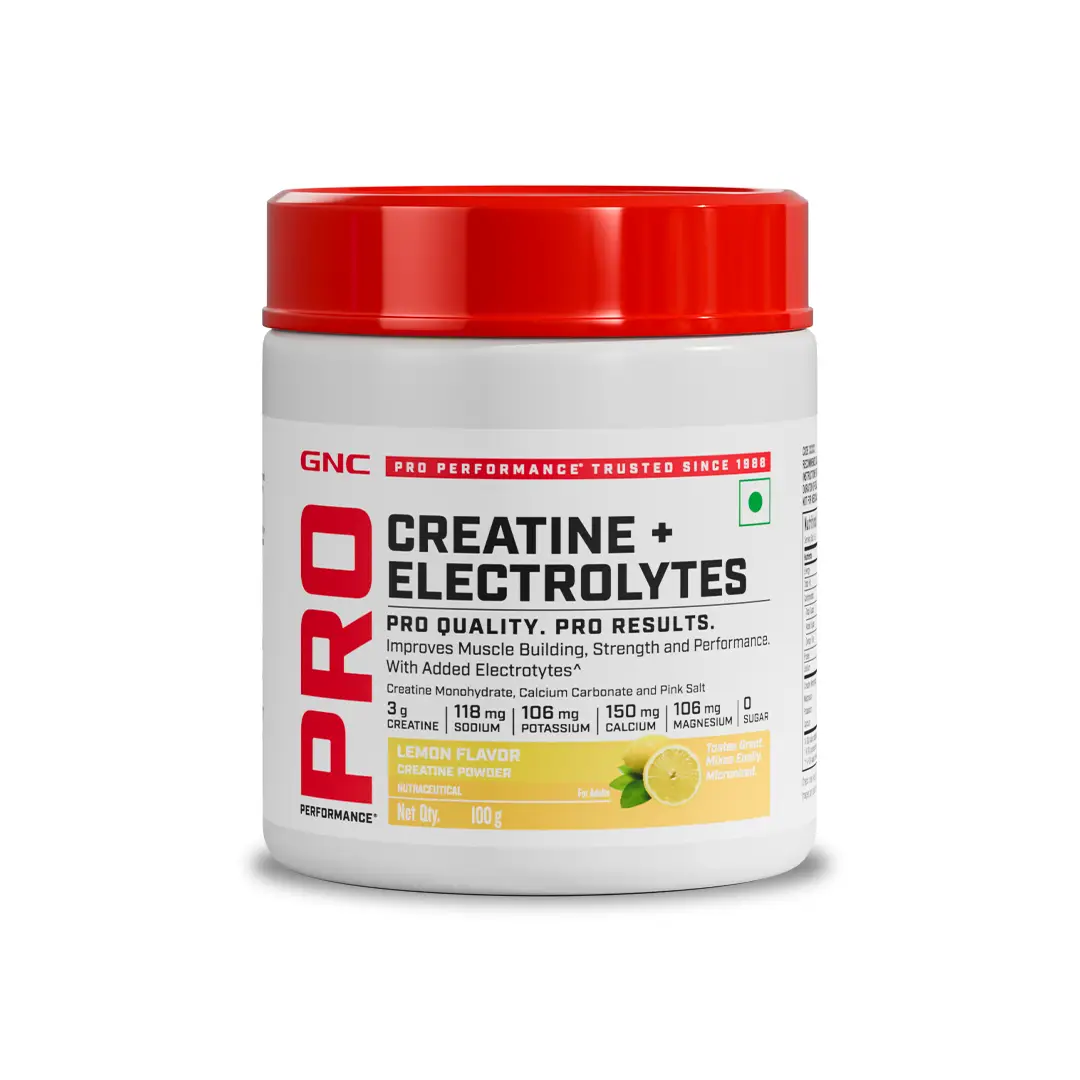GNC Creatine+ Electrolytes | 3g Creatine Monohydrate + Sodium, Potassium, Calcium, Magnesium | Boosts Muscle Growth, Hydration, Energy & Recovery | Zero Sugar | 100% Veg | 100g | Orange - Lemon,100gm