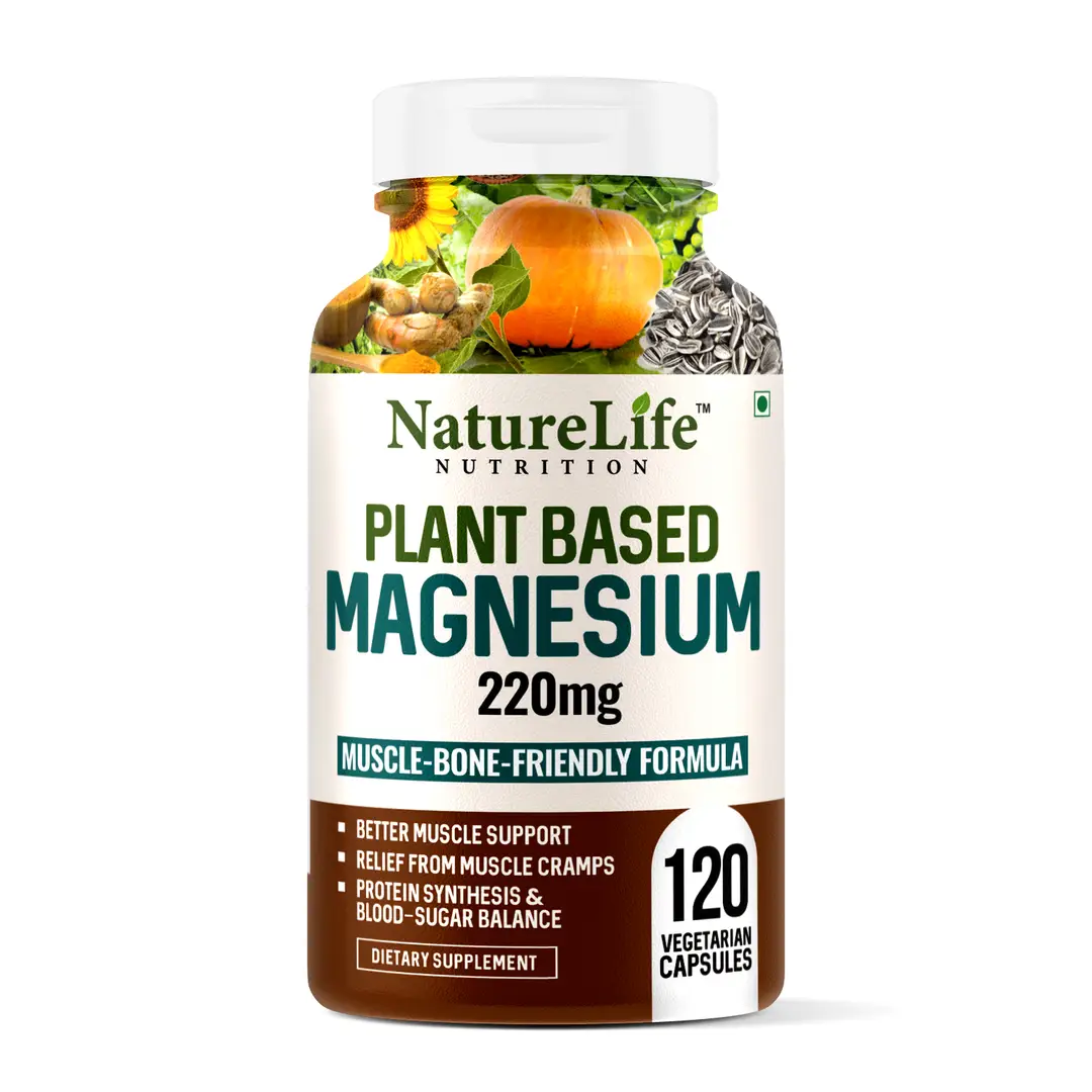 Nature Life Nutrition Plant Based Magnesium Supplement 220mg for Muscle, Bones & Nervous System - Pack of 1(120 Capsules)