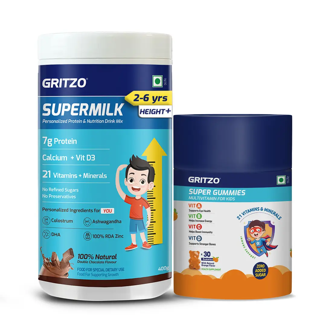 Gritzo SuperMilk Height+ (2-6y), 7g Protein (Double Chocolate, 400g) and Super Gummies (Orange, 30 Gummies)