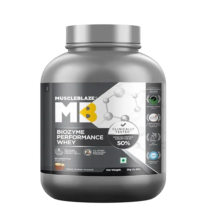 MuscleBlaze Biozyme Performance Whey Protein - with Whey Protein Concentrate, Cocoa Powder for Aiding in Lean Mass Gain - Kesar Thandai,4.41 lb