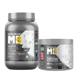 MuscleBlaze Biozyme Iso-Zero, Low Carb, Pure Whey Protein Isolate, 27 g Pure Isolate Whey Per Scoop (Ice Cream Chocolate, 1 kg/2.2 lb) & Creatine Monohydrate CreAMP™ with CreAbsorb™ (100 g, Unflavoured)