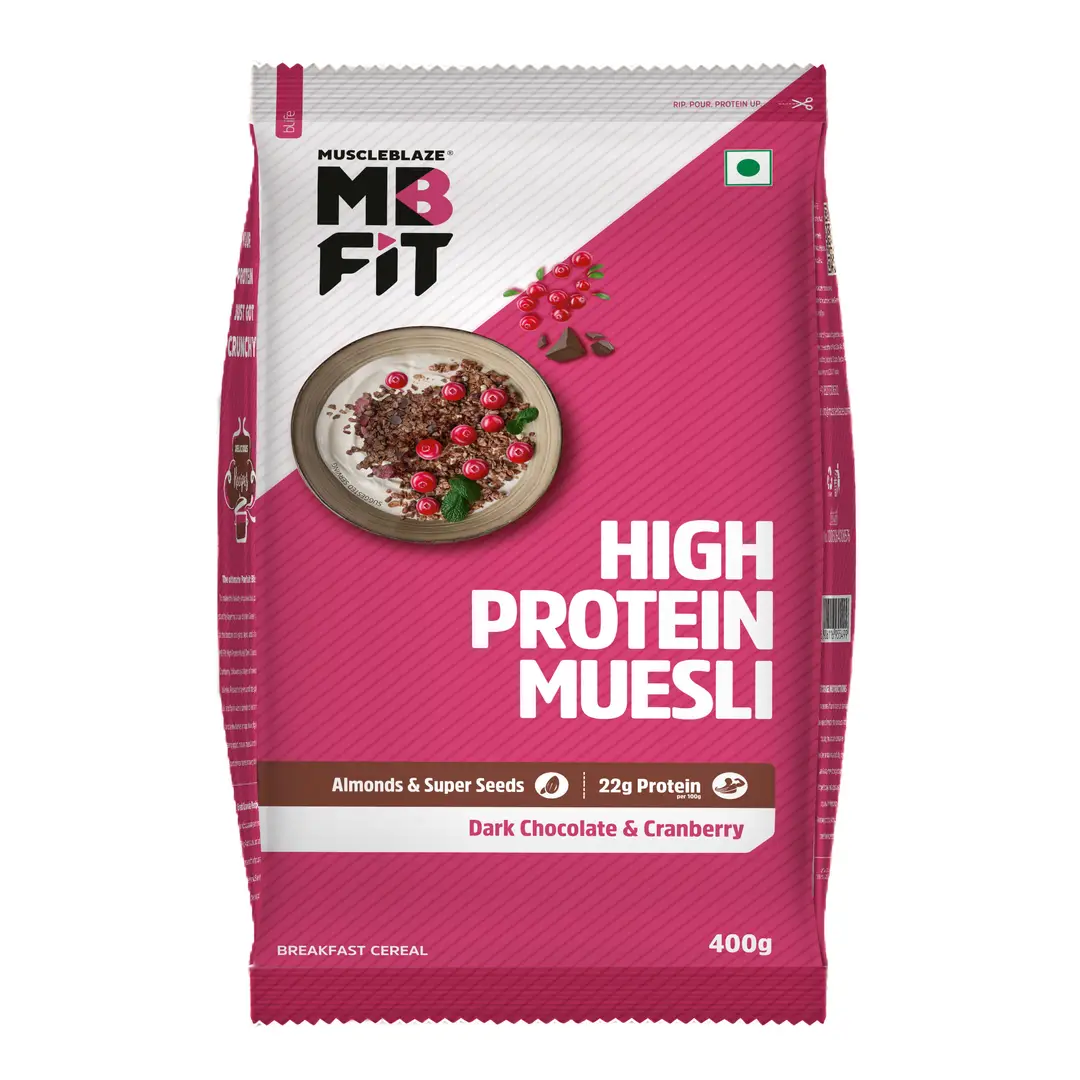 MuscleBlaze Fit High Protein Muesli - Dark Chocolate & Cranberry with 22g Protein, Raisins, Almonds & Super Seeds for Healthy Breakfast - 400 gm