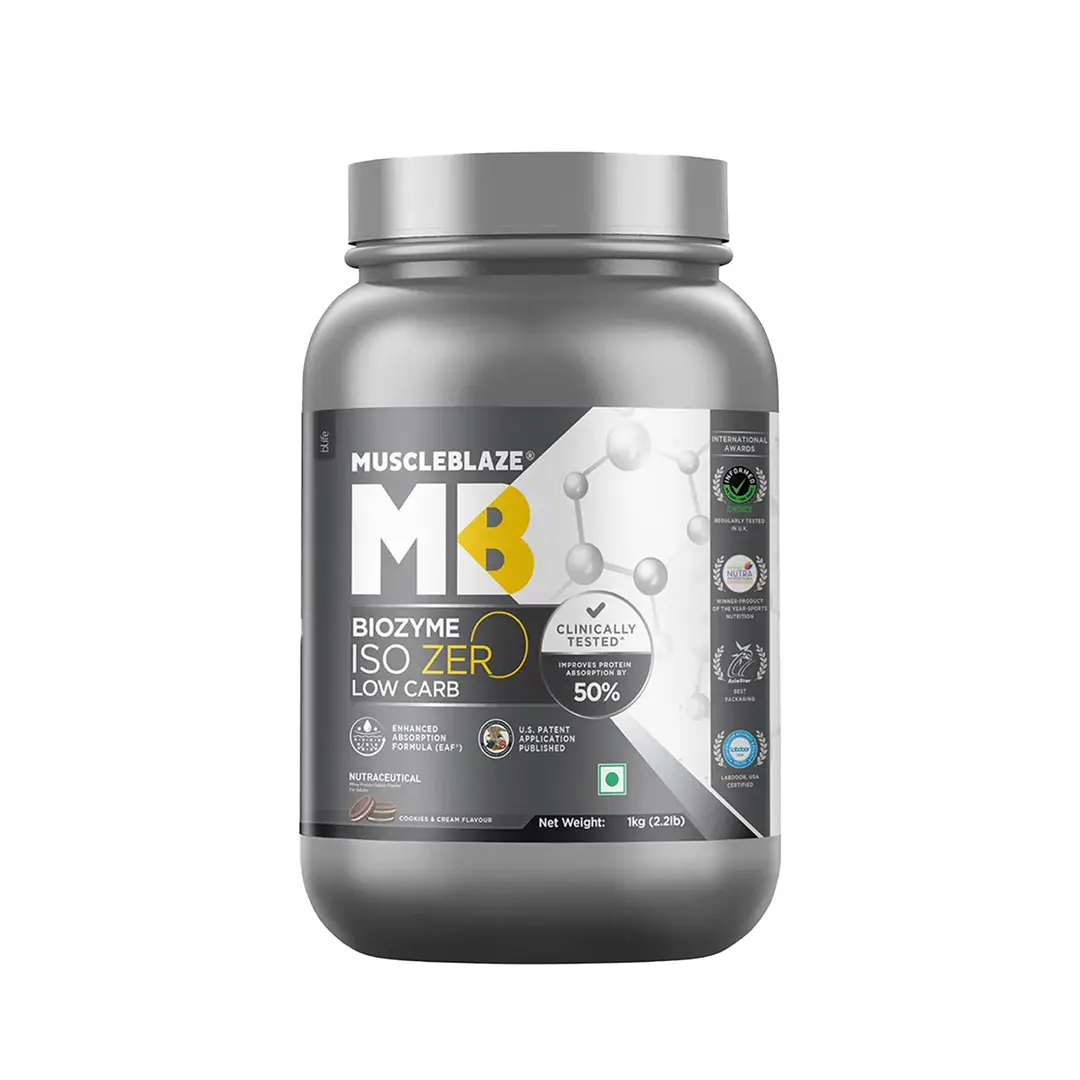 MuscleBlaze Biozyme Iso Zero, Low Carb Whey Protein Isolate with USA Patent for Lean Muscle Mass - Cookies & Cream,2.2 lb